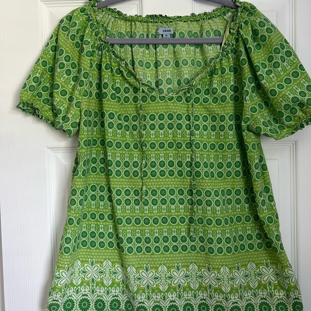 Izod Green Puff Sleeve Smocked Blouse